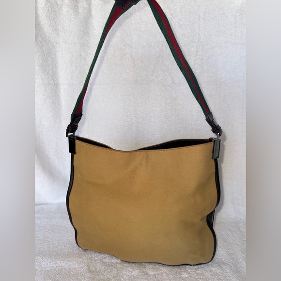 Gucci Vintage khaki brown canvas and leather trim web detail hobo. - Picture 2 of 15
